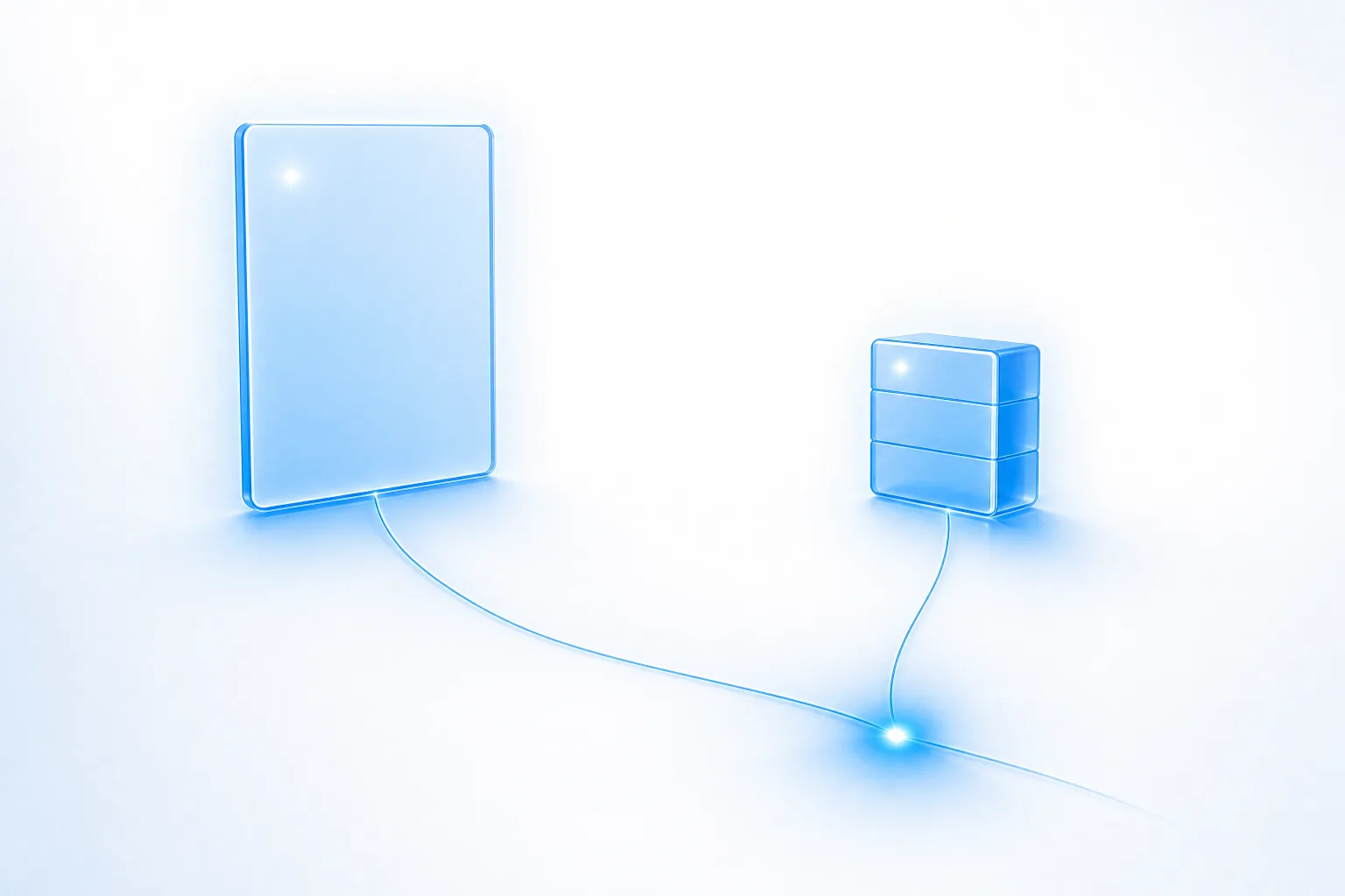 Two thin filaments of blue light — one from a translucent glass browser pane, one from a glass server block — converging into a single luminous node on a white field, representing pixel and server-side conversion signals merging.