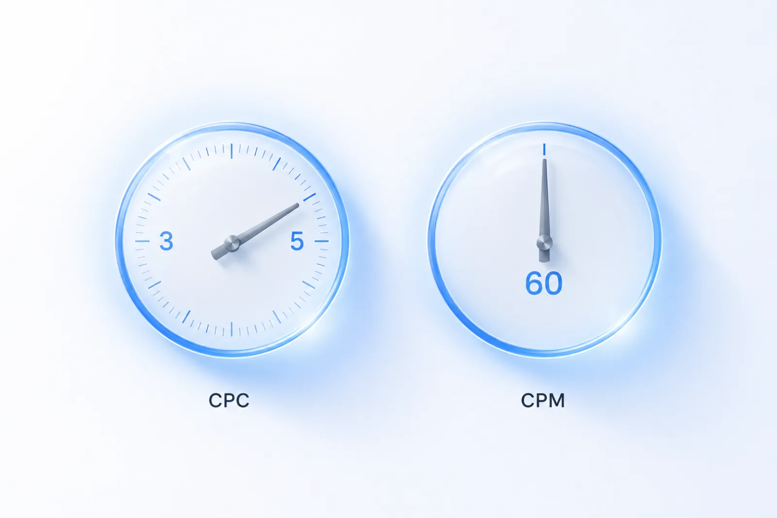 Two glass dials side by side on a white field, one representing cost per click and one representing cost per thousand impressions, each with a single blue needle.