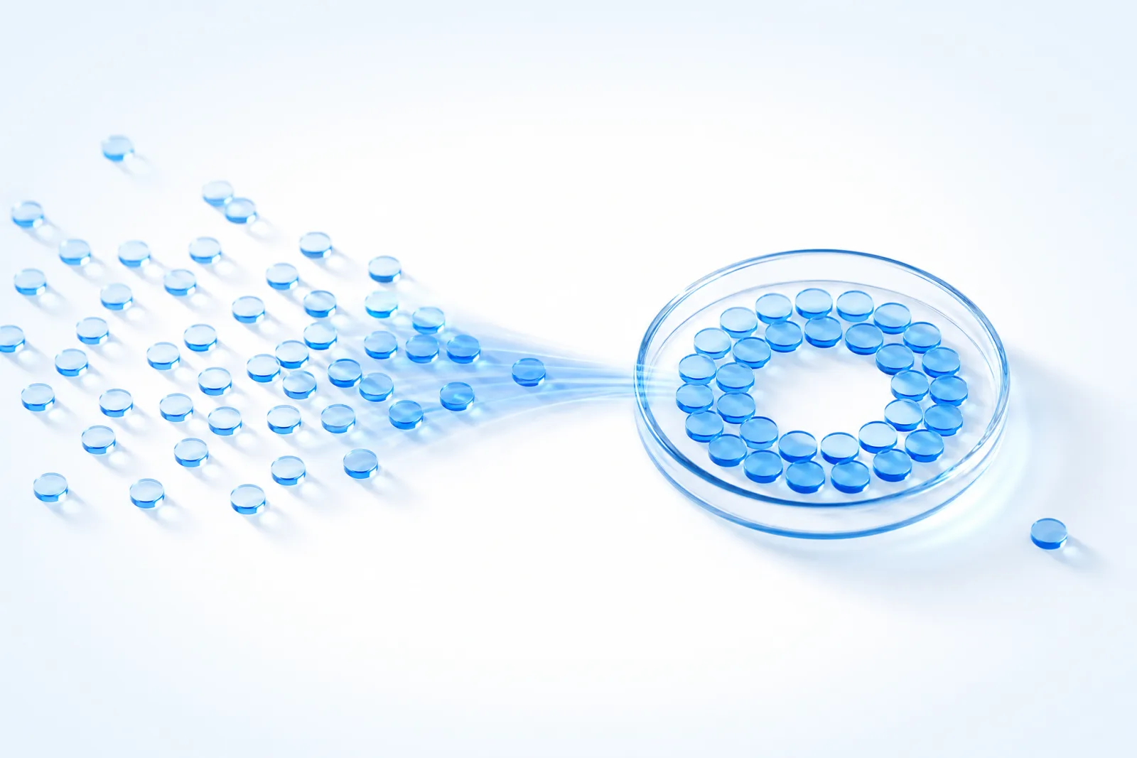 A scattered cloud of tiny blue glass discs flowing along a thin stream of light into a large glass ring, where they settle into an orderly cluster — identifiers becoming a defined audience.