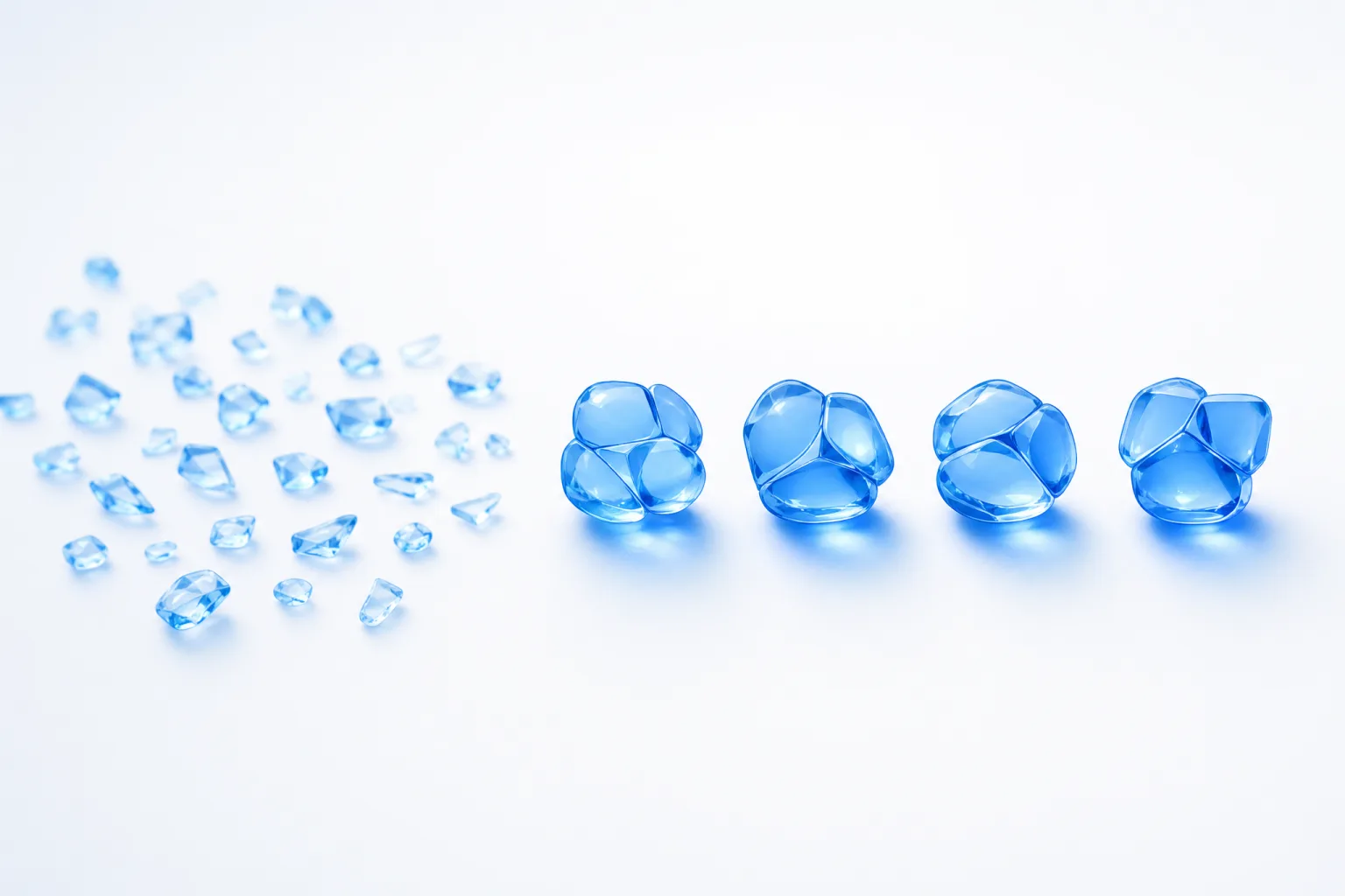 A loose drift of clear irregular glass fragments on the left of a white field resolving toward the right into four compact clusters of electric-blue glass, each fused into a single coherent form and throwing its own pool of light.