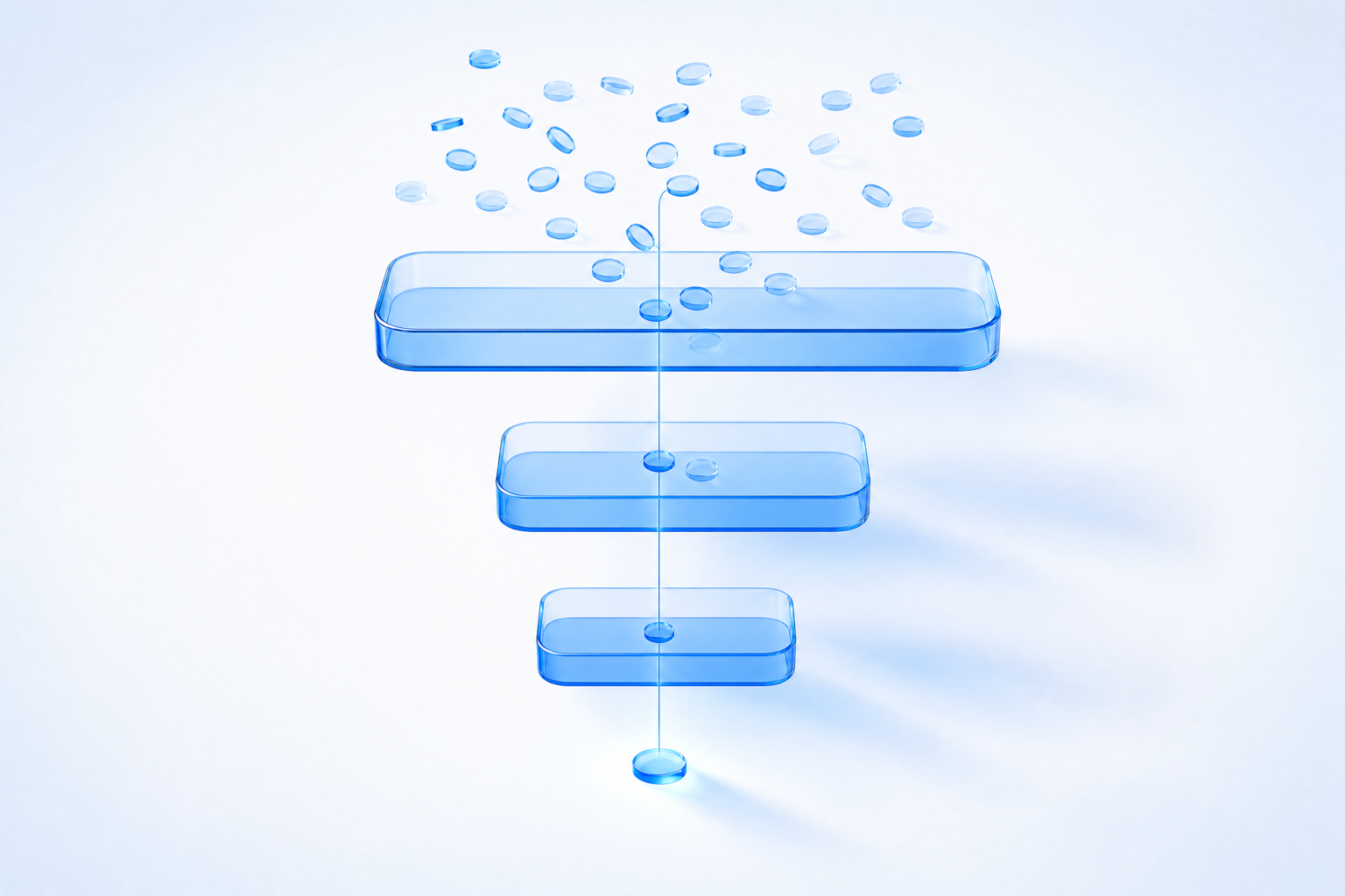 Three translucent blue glass bands stacked as a funnel, with many small discs entering the top, fewer passing the middle, and a single glowing disc emerging below, traced by a filament of light.
