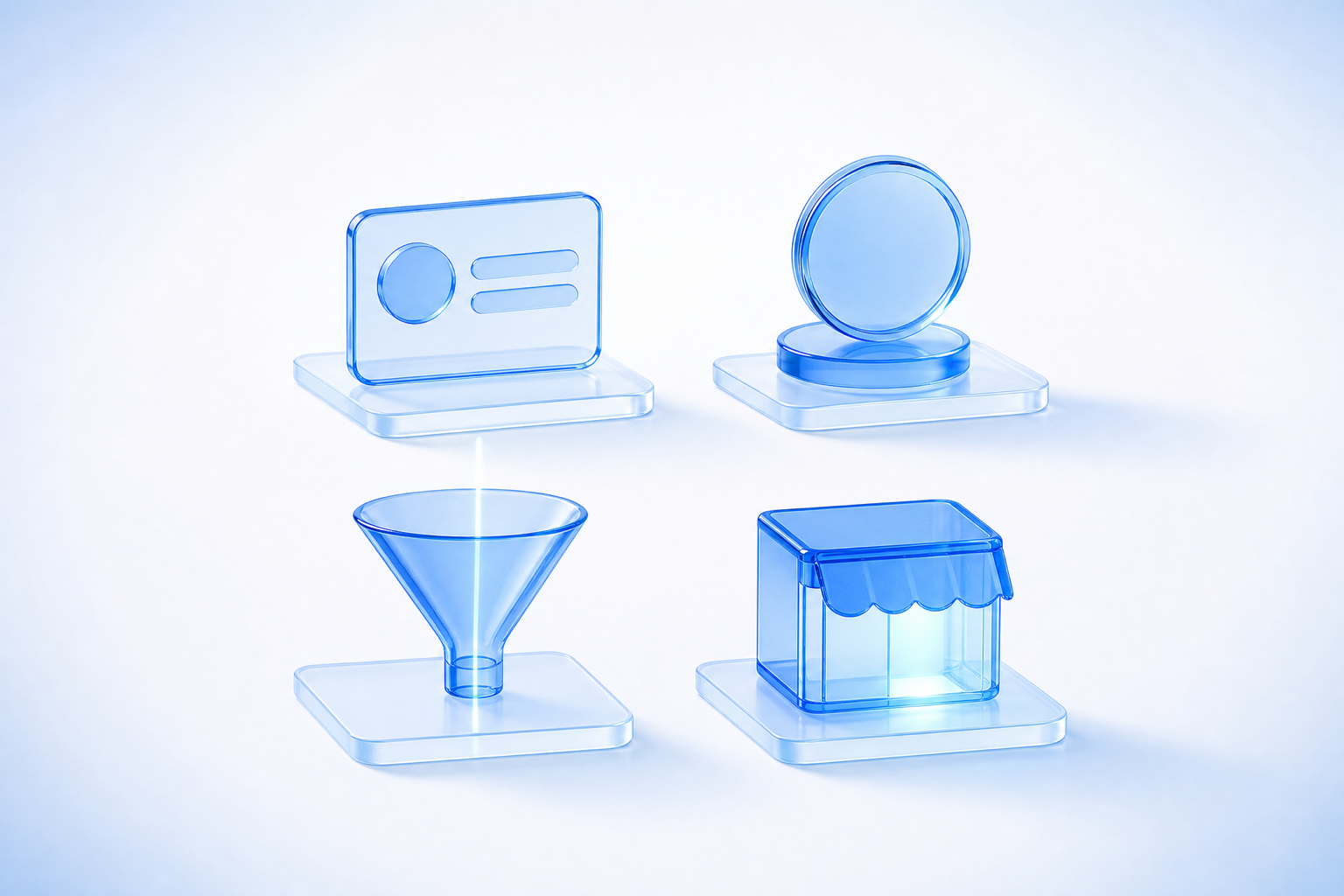Four translucent blue glass objects in a two-by-two grid on a white field — an ad card, a coin on a pedestal, a funnel with light passing through, and a glowing storefront cube — representing four monetization models.