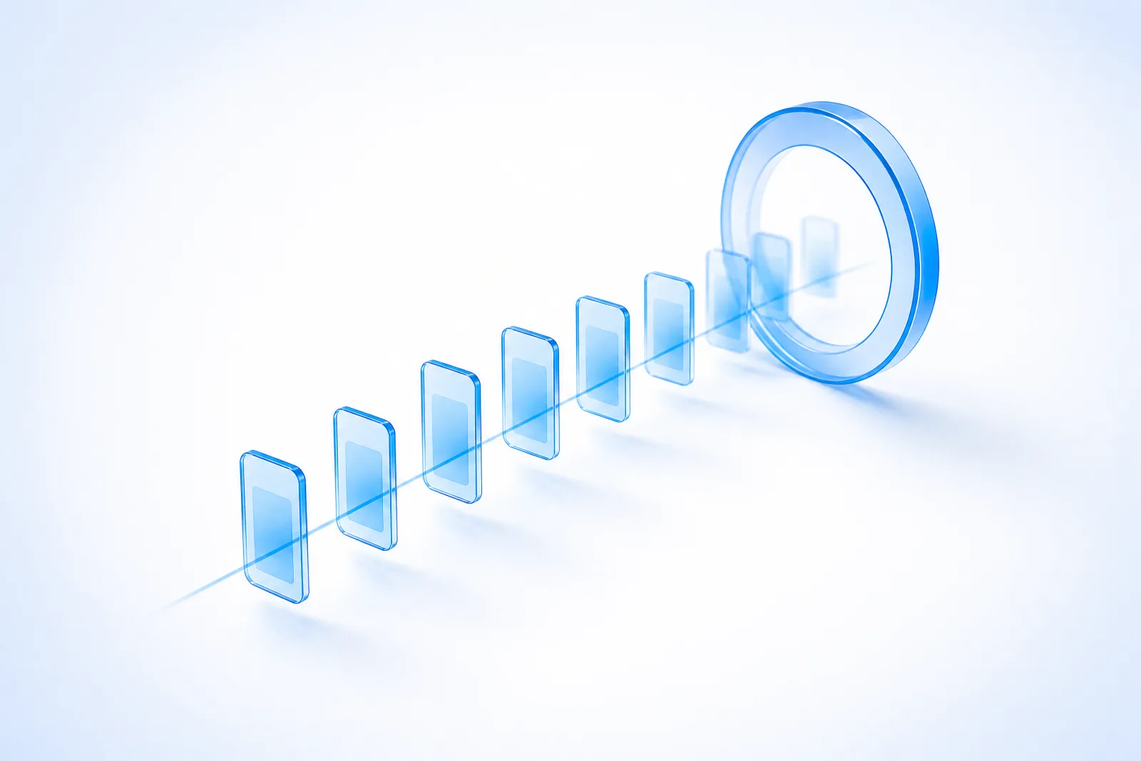 A single-file procession of small blue glass product cards traveling along a thin filament of light into a large glass portal — a product catalog flowing into ChatGPT.