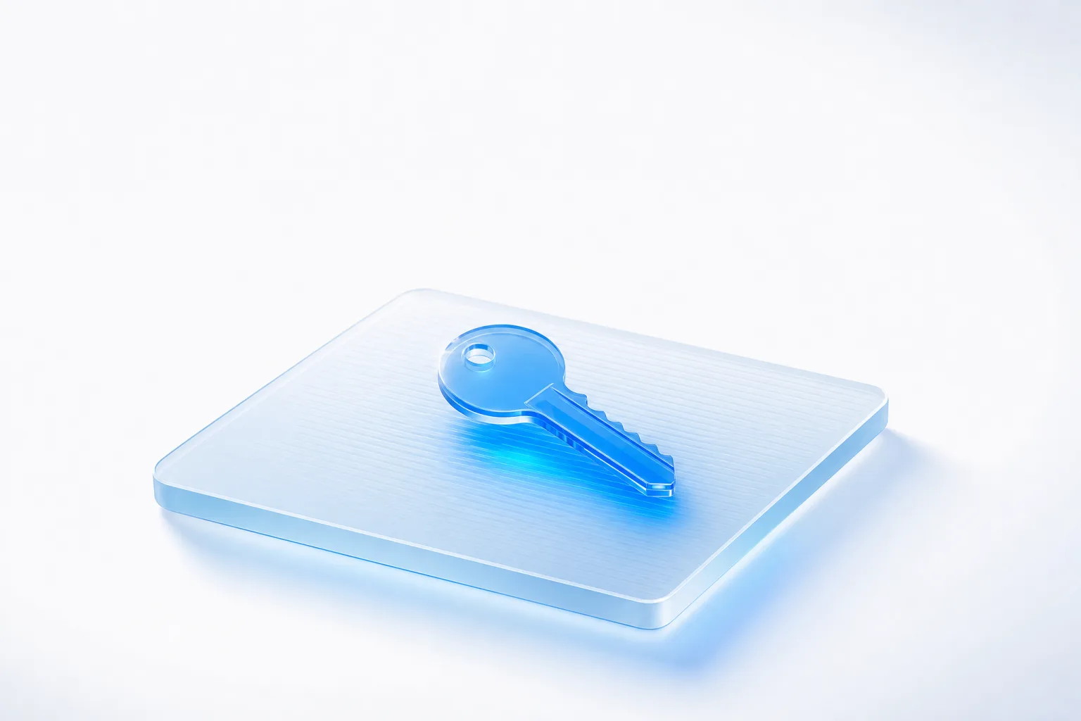 A slender electric-blue glass key laid at a diagonal, at rest on a large frosted glass plate ruled with fine parallel grooves, on a pure white field.