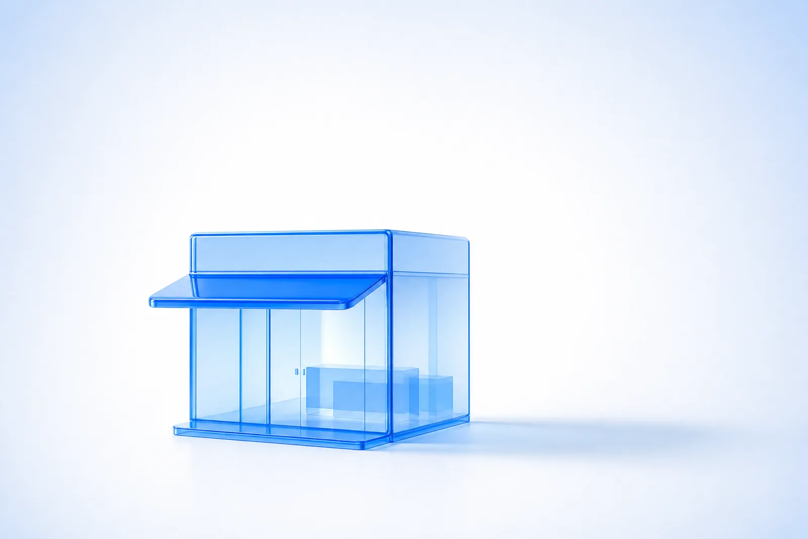 A small translucent electric-blue glass storefront with a simple awning, rendered as a minimal architectural model on a pure white field with soft light from the upper-left.