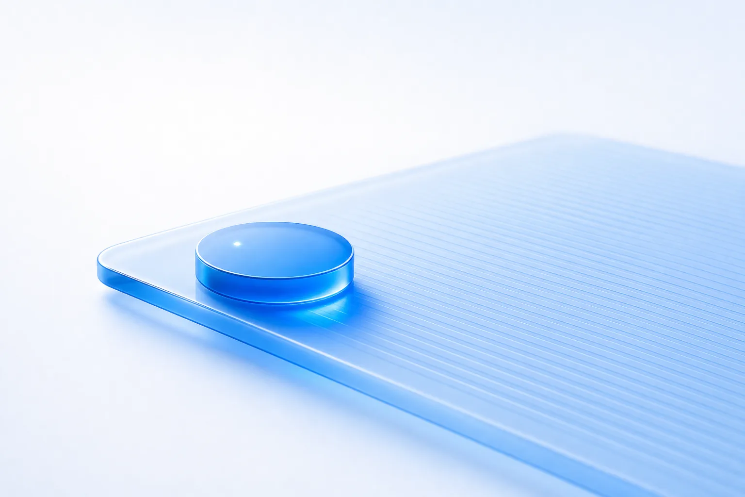 A large frosted glass plate ruled with fine parallel grooves lying on a white field, with a thick electric-blue glass disc pressed flush against it near one edge, throwing a concentrated pool of blue light beneath.