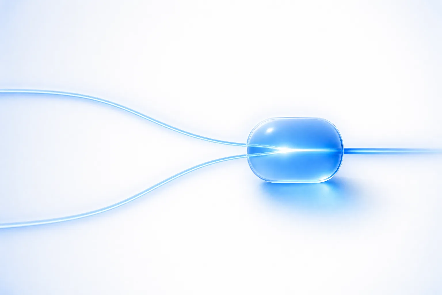 Two filaments of blue light arriving from the left along separate arcs and converging cleanly into a single translucent blue glass node on a white field, with one brighter filament continuing beyond it.