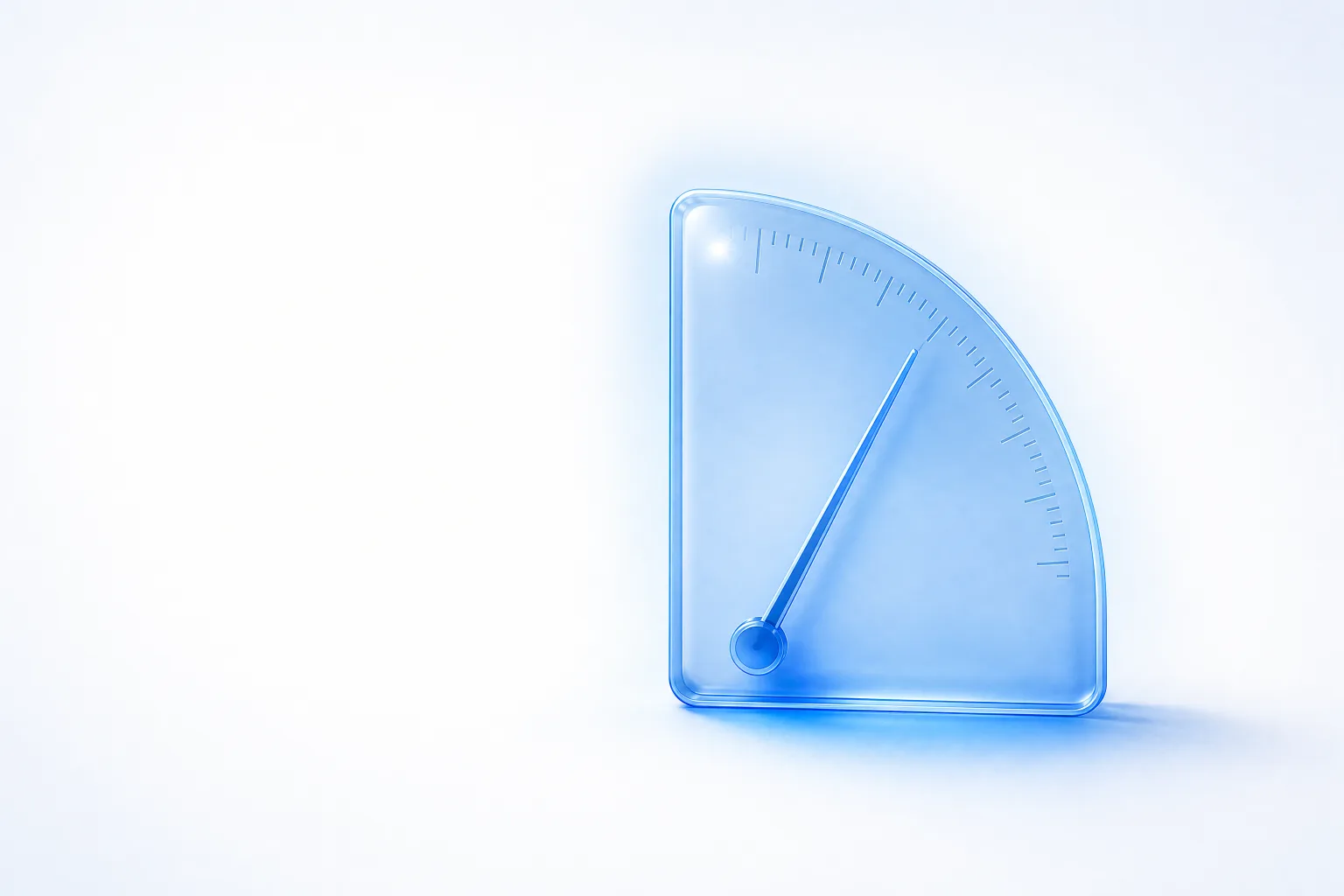A translucent blue glass measuring instrument on a white field with a single fine needle resting against a delicate arc of hairline gradations.
