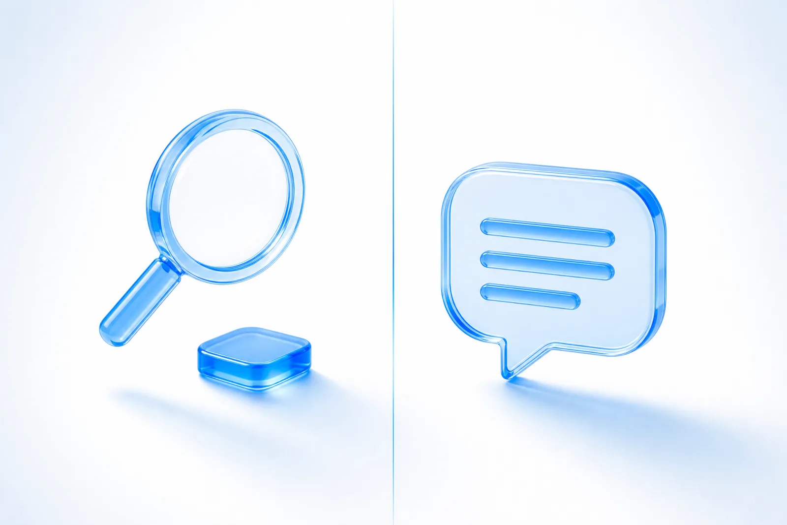 A split composition: a glass magnifying lens over a small glass keyword chip on the left representing search, and a glass speech bubble on the right representing a conversation, divided by a thin vertical line of blue light.