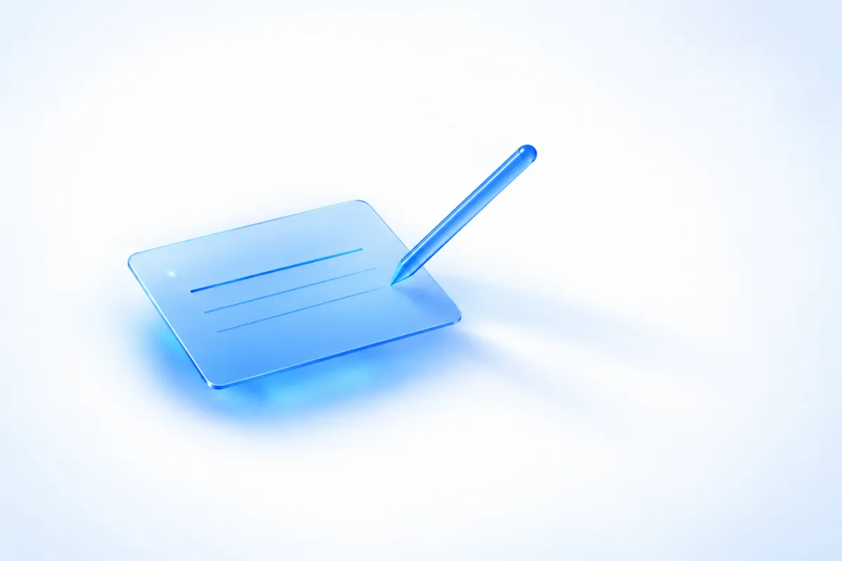 A translucent blue glass card with three lines of light being drawn across it by a glass stylus, representing writing a context hint for ChatGPT Ads.